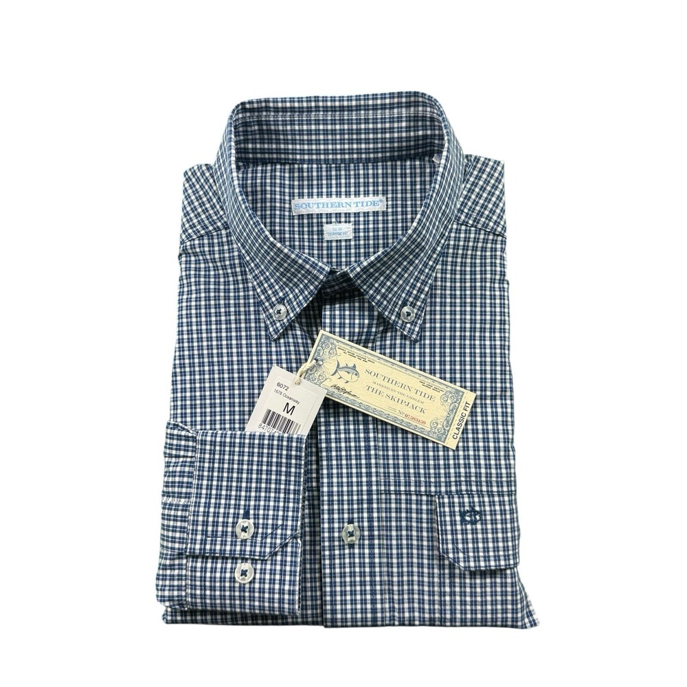 Southern Tide Blue White Checked Cotton Classic Fit Button Down Shirt Mens M NWT